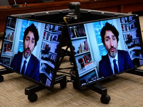 Prime Minister Justin Trudeau appears as a witness via videoconference during a House of Commons finance committee meeting on July 30, 2020.