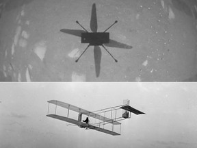 This combination of pictures created on April 19, 2021 shows shows NASAs Ingenuity Mars Helicopter captured in this shot as it hovered over the Martian surface on April 19, 2021, during the first instance of powered, controlled flight on another planet, and this circa 1901 image courtesy of the Library of Congress of a three-quarter left rear view of a glider in flight at Kitty Hawk, North Carolina.