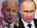 This combination of file pictures created on March 17, 2021 shows
US President Joe Biden (L) speaking at White House in Washington, DC on March 15, 2021, and Russian President Vladimir Putin speakins at a press conference in Moscow on March 5, 2020. 