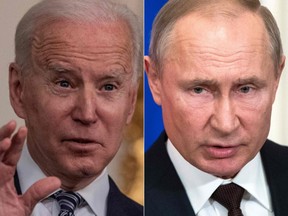The American withdrawal from Afghanistan has likely convinced Russian President Vladimir Putin, right, that the United States under President Joe Biden, left, will not stand in the way should Russia decide to invade Ukraine, writes Raymond J. de Souza.