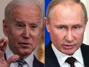 This combination of file pictures created on March 17, 2021 shows
US President Joe Biden (L) speaking at White House in Washington, DC on March 15, 2021, and Russian President Vladimir Putin speakins at a press conference in Moscow on March 5, 2020.