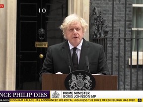 Prime Minister Boris Johnson addresses the nation after the announcement of the death of HRH Prince Philip, outside Number 1 Downing Street, London, United Kingdom.