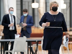 Norway's Prime Minister Erna Solberg arrives for presenting changes to the Electronic Communications Act, which will be important in the fight against child abuse online, at the National Criminal Investigation Service (Kripos) in Oslo, on April 9, 2021.