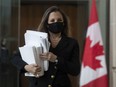 Finance Minister Chrystia Freeland walks to a news conference in Ottawa, on April 19, before delivering the government's first budget since the COVID-19 pandemic began.