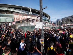 Arsenal fans protest against owner after failed launch of a European Super League - Emirates Stadium, London, Britain - April 23, 2021.