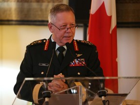 General Jonathan Vance, Chief of the Defense Staff talks to a small breakfast crowd at the French Embassy in Ottawa about the new Amicitia France-Canada monument, November 17, 2020.