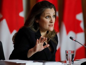 Finance Minister Chrystia Freeland speaks to the media about the federal budget on Parliament Hill in Ottawa, on 
April 19.