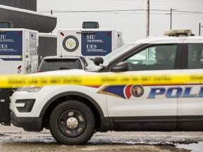 York Regional Police and the SIU at the scene of a police-involved shooting along Highway 7 east of Highway 400 in Vaughan, Ont. on Monday November 23, 2020.