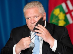 Ontario Premier Doug Ford speaks at a press conference on May 13, 2021, during which he announced Ontario is extending its stay-at-home order until June 2 to bring down high rates of COVID-19.