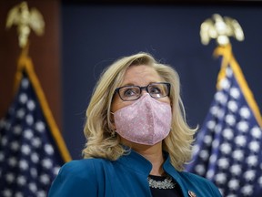 Rep. Liz Cheney (R-WY) attends a press conference following a House Republican caucus meeting on Capitol Hill on April 14, 2021 in Washington, DC.