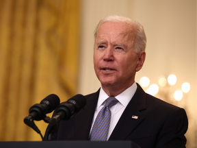 US President Joe Biden gives an update on his administration’s COVID-19 response and vaccination program in the East Room of the White House on May 17, 2021 in Washington, DC.