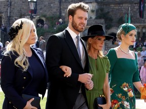 Eliza Spencer, Louis Spencer, Victoria Aitken and Kitty Spencer arrive for the wedding ceremony of Prince Harry and Meghan Markle at St. George's Chapel, Windsor Castle, on May 19, 2018.