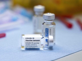 This picture taken on April 24, 2021, shows vials of the single-dose Johnson & Johnson Janssen COVID-19 vaccine in the 'VUmc' hospital in Amsterdam.