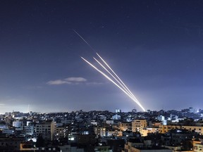 Rockets are launched towards Israel from Gaza City, controlled by the Palestinian Hamas movement, on May 18, 2021.