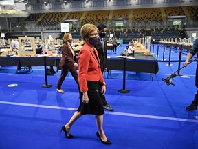 Scottish First Minister Nicola Sturgeon arrives at Glasgow counting centre in the Emirates Arena in Glasgow, Scotland, Britain on May 7.