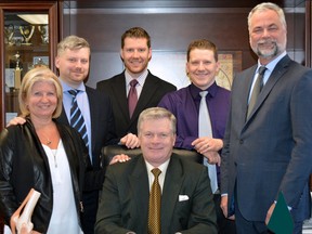 L-R: Danielle Bossé-Michaud, Frédérick Michaud, Maxime Michaud, Guy Michaud (in the centre) Alexandre Michaud and Martin Vidal. SUPPLIED