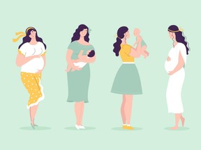 Set of young beautiful pregnant women in full growth. Women with babies. Happy motherhood concept, pregnancy planning. Vector illustration in flat style on white background.