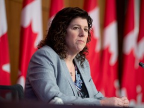 Auditor General Karen Hogan is seen during a news conference following the tabling of reports in Ottawa, Thursday March 25, 2021.