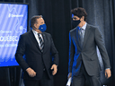 Quebec Premier François Legault and Prime Minister Justin Trudeau at an announcement in March.