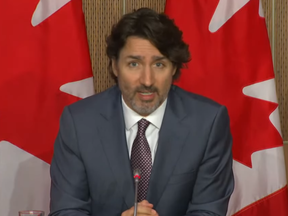 A screen capture of Prime Minister Justin Trudeau at a May 18 press briefing where he endorsed Quebec's ability to rewrite sections of the Constitution.