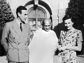 Lord Louis Mountbatten and Lady Edwina Mountbatten receive political and spiritual leader of India Mahatma Gandhi, when Lord Mountbatten became Viceroy of the British Indian Empire in 1947.