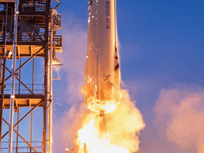 A close-up of the New Shepard rocket as it launches in West Texas.