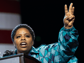 Black Lives Matter co-founder Patrisse Cullors speaks at a campaign rally for Democratic presidential candidate Senator Bernie Sanders in Los Angeles, on March 1, 2020.