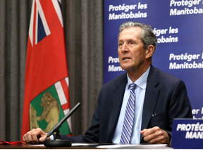 Premier Brian Pallister delivers a COVID-19 briefing at the Manitoba Legislative Building in Winnipeg on Thursday, May 20, 2021.