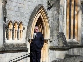 Britain's Prince Andrew, Duke of York, attends Sunday service at the Royal Chapel of All Saints, at Royal Lodge, in Windsor on April 11, 2021, two days after the death of his father Britain's Prince Philip, Duke of Edinburgh.