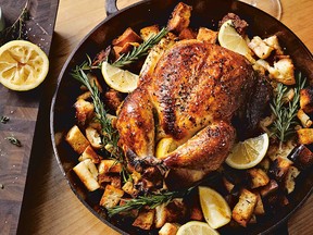 Buttermilk roasted chicken with crunchy croutons from Food Between Friends