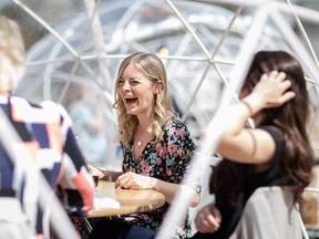 The first guests arrive to eat at at the newly installed 'Dining Domes' on May 07, 2021 in London, England.