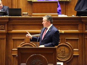 South Carolina Sen. Greg Hembree, R-Little River, speaks in favor of a bill that would add the firing squad to the electric chair and lethal injection as execution methods in the state on Tuesday, March 2, 2021, in Columbia, S.C.