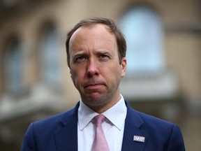 Matt Hancock gives an interview to Sky outside the BBC before appearing on the Andrew Marr show on May 16, 2021 in London, England.