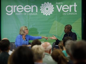 Then-Green leader Elizabeth May, left, speaks with Annamie Paul during a fireside chat about the climate, in Toronto, in 2019.
