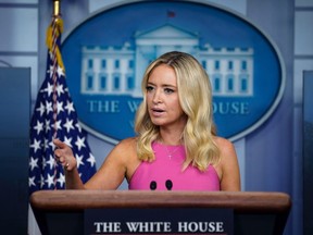 White House Press Secretary Kayleigh McEnany speaks during a press briefing the White House on September 9, 2020 in Washington, DC. She took several questions related to author Bob Woodward's new book on then-President Donald Trump.