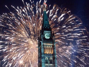Fireworks explode over the Peace Tower on Parliament Hill at the end of Canada Day celebrations in 2018.