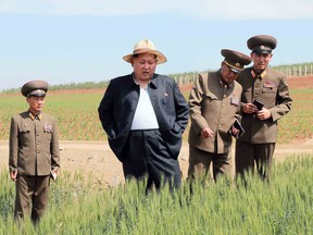 This undated picture released from North Korea's official Korean Central News Agency (KCNA) on June 1, 2015 shows North Korean leader Kim Jong-Un (C) inspecting the farm No. 1116 under Korean People's Army (KPA) unit 810 at an undisclosed place in North Korea