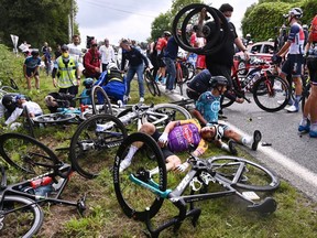Bryan Coquard of France reacts after a crash during the Tour de France on June 26.