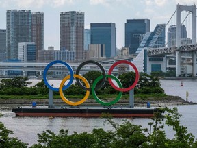 The Olympic rings are seen at the Odaiba waterfront in Tokyo on June 3, 2021
