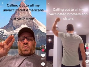 Creators like @owlygator (left) and @sg.1968 (right), are identifying themselves as unvaccinated and using sounds from The Hunger Games and Transformers to contact other unvaccinated adults.