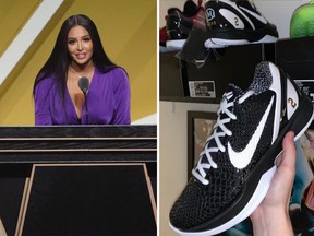 On the left, Vanessa Bryant, widow of Kobe Bryant, speaks on her late husband's behalf during the Class of 2020 Naismith Memorial Basketball Hall of Fame Enshrinement ceremony on May 15. On the right, a a picture of someone holding the shoe Vanessa Bryant says she helped to design, and that she posted to Instagram last week.