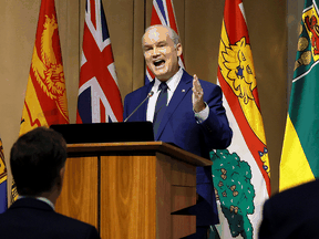 Conservative Party Leader Erin O'Toole speaks during a caucus meeting in Ottawa, June 23, 2021.