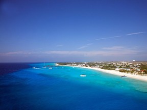 Aerial view of the water and beaches at Grand Turk Island in the Turks and Caicos Islands.