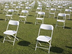 The number of empty chairs at the fake ceremony equalled the number of students killed in school shootings.
