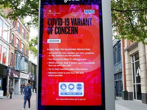 A social distancing sign is seen amid the spread of the coronavirus disease (COVID-19), in Leicester, Britain,