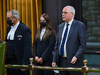 President of the Public Health Agency of Canada Iain Stewart, right, approaches the bar in the House of Commons to be admonished by the Speaker Anthony Rota on Monday, June 21, 2021.