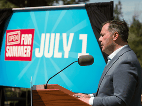Alberta Premier Jason Kenney reveals the Open for Summer Plan as the province crosses the 70 per cent first dose COVID-19 vaccine target on June 18, 2021.