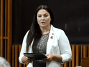 MP Jenica Atwin speaks in the House of Commons on Parliament Hill on Sept. 29, 2020. Atwin has crossed the floor to join the Liberals, after being elected as a Green party member in 2019.