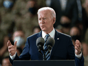 U.S. President Joe Biden addresses U.S. Air Force personnel at RAF Mildenhall in Suffolk, ahead of the G7 summit in Cornwall, on June 9, 2021 in Mildenhall, England.