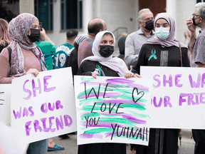 Friend's of late Yumnah Afzaal gather prior to a vigil for five members of a Muslim family who police say were victims of a deadly vehicle attack in London, Ont., June 8, 2021.